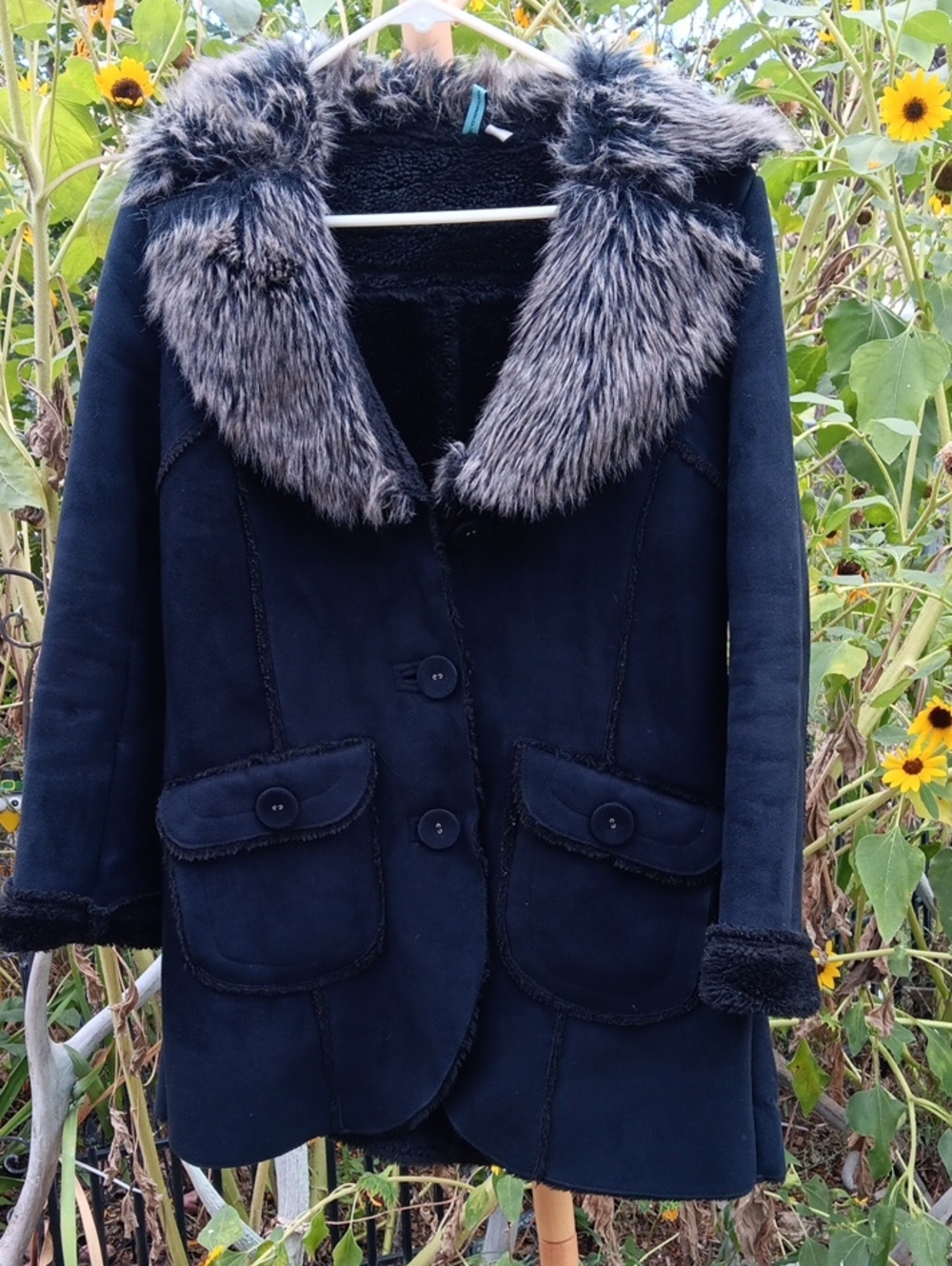 Navy Blue Faux Fur Trimmed Women's Coat